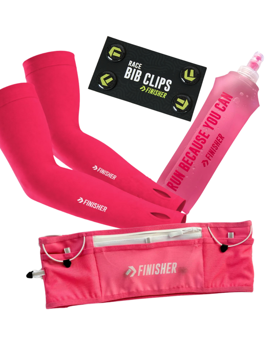 FUCSIA FEVER: Banano Kilian Fucsia + Mangas Fucsia + Botella Flask Fucsia 500cc + Race Bib Clips