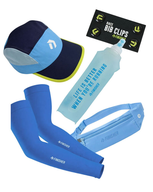 COOL BLUE: Banano Flex + Botella Celeste + Mangas Azules + Jockey New York  + Race Bib Clips
